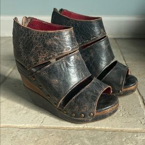 Women’s Black Distressed Leather Wedge Sandals
